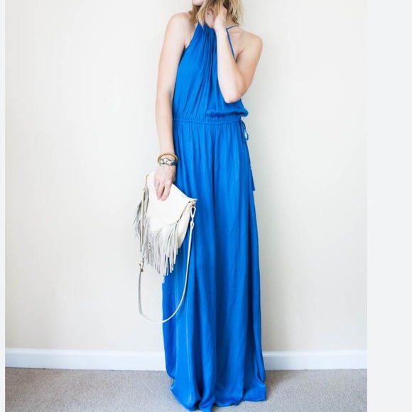 LOFT Ann Taylor | NWT Blue Grecian blue Beach Tassel Halter Boho Maxi Dress M - Picture 1 of 12